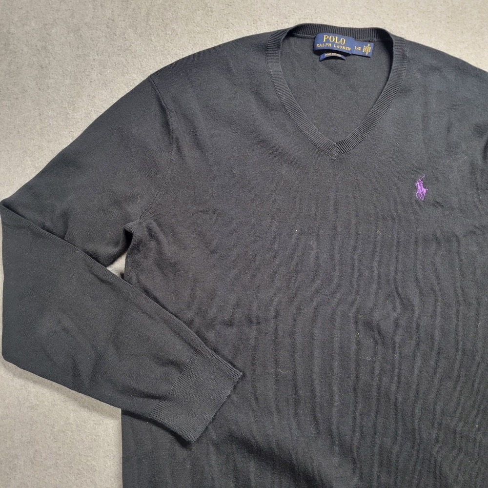Polo Ralph Lauren Sweater Mens Black Size Large Pima Cotton Purple Pony V Neck - Picture 1 of 12